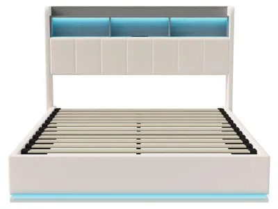Produktbild von Polsterbett - Doppelbett mit Stauraum - 160×200 cm - Hydraulischer Lift - LED-Kopfteil mit USB-Ladeanschluss - Mit Lattenrost - Samt - Weiß