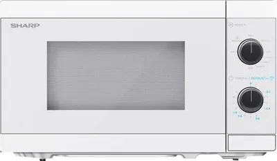 A white Sharp microwave oven is shown from the front against a white background.