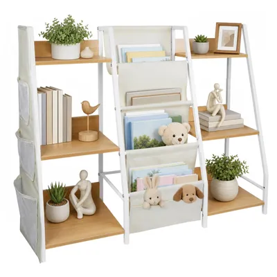 Produktbild von Kinderbücherregal Holz 97cm Spielzeugaufbewahrung Regal Kinderzimmer mit Stofffächern