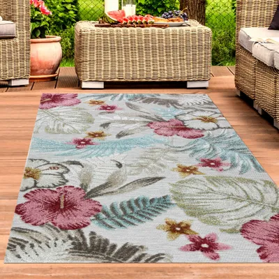 Produktbild von In- & Outdoor Teppich Blumen Muster mit 3d-Effekt in Türkis Bunt Größe - 200 x 290 cm
