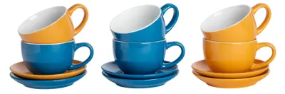 Produktbild von Argon Ta 12-teiliges Set aus farbigen Cappuccinotassen und Untertassen – 250 ml – Blau/Gelb – Robuste Teetasse aus Steingut, spülmaschinen- und mikrowellengeeignet