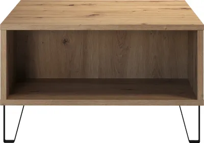 A wooden coffee table with black metal legs on a white background.