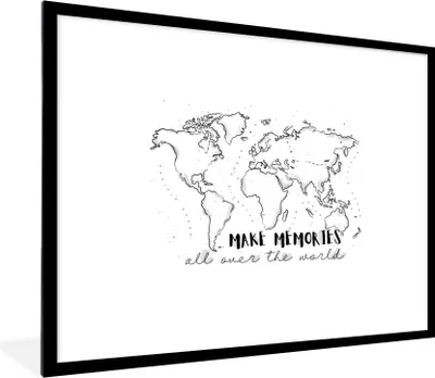 Produktbild von MuchoWow® Gerahmtes Poster Weltkarte - Sprichwörter - Schwarz - Weiß 80x60 cm - Poster mit Schwarzem Bilderrahmen Wandposter Rahmen Foto Bilder - Schlafzimmer-Dekorationen - Fotoposter