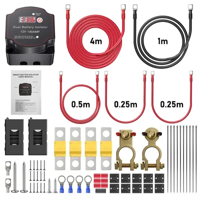 Produktbild von Trennrelais-Kit - 12 V 140 A Batterieisolator - 5 m Kabel - IP68-wasserdicht - Zweitbatteriesystem - Auto/Manuell-Schalter - Digitales Voltmeter - Mehrfarbig
