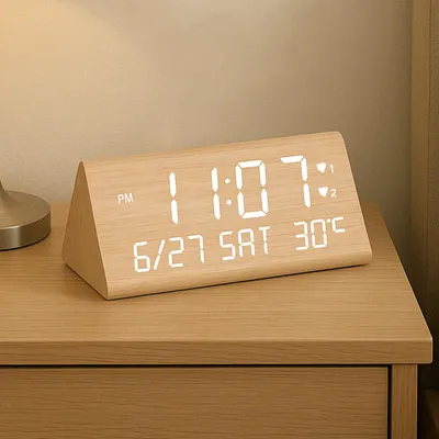 Digitaler Holz-Wecker, 2 Alarme, Temperatur, USB-Ladeports, einstellbar