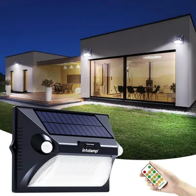 Immagine prodotto di Lampada solare INTELAMP, 5 modalità, illuminazione esterna, IP65, con rilevatore di movimento, telecomando per la regolazione della luminosità e del colore.