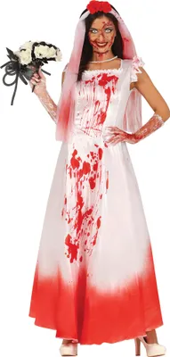 Produktbild von Halloween Braut Spuk Gewand Zombie Blutflecken Haunted Horror Kostüm Vampir Untoter Geisterschleier, Größe: 42 - 44 (L) Farbe: Weiß