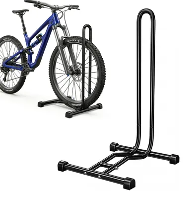 Image de Support à vélo Relaxdays au sol, largeur de pneu jusqu'à 2,5 pouces, support d'exposition pour vélos, roue avant et arrière, acier, noir