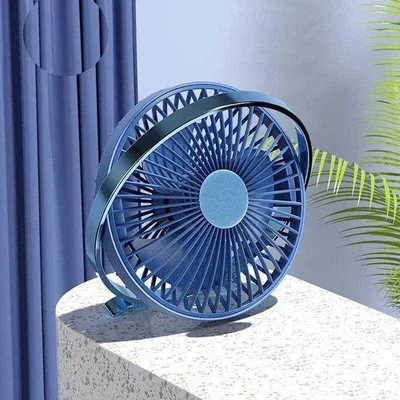 Produktbild von Elektrische draagbare ventilator op USB-batterij, blauw, compact, voor persoonlijke koeling.