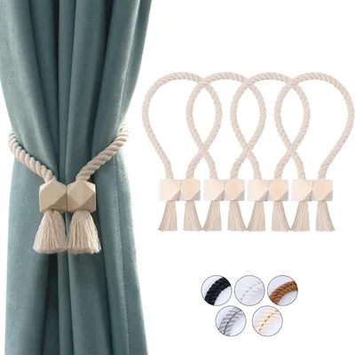Produktbild von OCIOLI 4 Stück Starke magnetische Vorhang-Raffhalter, Vorhanghalter, Outdoor-Vorhang-Raffhalter, Baumwolle, handgewebt, Raffhalter, Vorhangbänder für Vorhänge (Beige, 4)