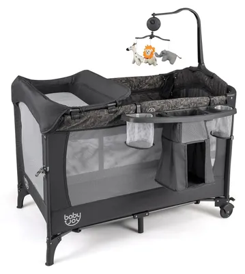 Produktbild von COSTWAY 5 in 1 Reisebett mit Wickelauflage & Laufstall, Beistellbett mit 3 Höhenstufen, Rollen & Tragetasche für Baby von 0-36 Monaten, Grau