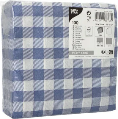 Produktbild von PAPSTAR Servietten 1/4-Falz, 33x33 cm blau/weiß, "Vichy Karo" | Folie (100 Stück)