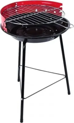A black and red charcoal grill on a stand, photographed against a white background.