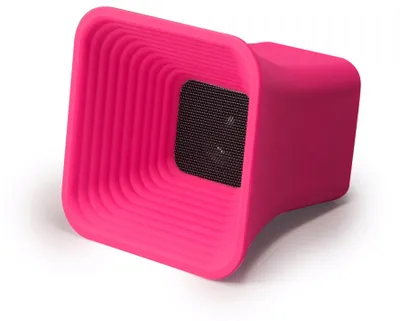 A pink Bluetooth speaker is shown against a white background.
