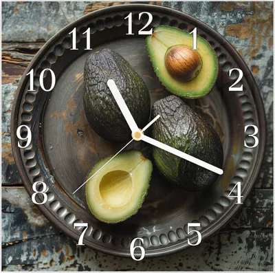 Produktbild von Wanduhr aus Glas mit Motiv Avocados Holzteller- 30 x 30 cm - inkl. Aufhängesystem