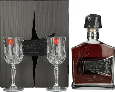 Produktbild von Flor de Caña 30 Years Old V Generaciones Single Barrel 1988 45% Vol. 0,7l in Geschenkbox mit 2 Stielgläsern