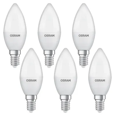 Image de 6 ampoules LED Osram en forme de bougie 7,5 W = 60 W, culot E14, finition mate, 806 lm, blanc chaud 2700 K, plastique recyclé
