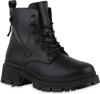 A black lace-up boot with a thick sole.