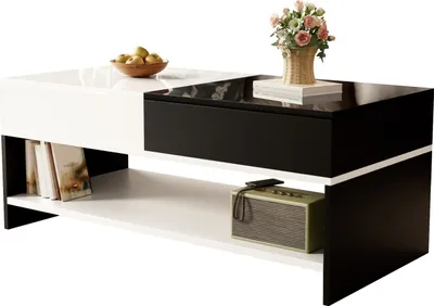 Image de Fortuna Lai Table basse avec 2 tiroirs - design noir et blanc, espace de rangement, plateau brillant, 100 cm