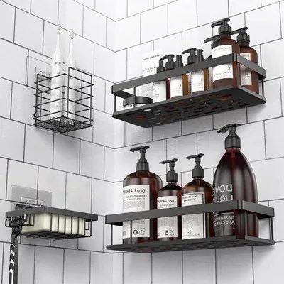 Immagine prodotto di Mensola da bagno da parete nera con portasapone e portaspazzolini