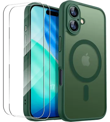 Image de Coque + 2 Verres Trempés pour iPhone 17, Protection avec Anneau Magnétique et Vitre Caméra - Vert Nuit