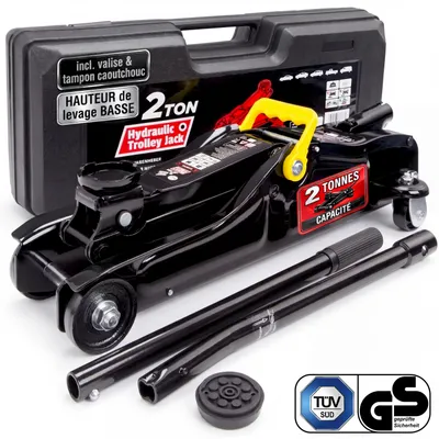 Zdjęcie produktu dla Podnośnik hydrauliczny DEUBA® 2 tony, płaska wysokość podnoszenia 85–330 mm, w zestawie walizka i gumowa podkładka Podnośnik samochodowy Podnośnik hydrauliczny Podnośnik płaski