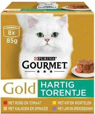 Produktbild von Gold savoury tower mit Rindfleisch und Tomate, mit Huhn und Karotten, mit Pute und Spinat, mit Lamm und grünen Bohnen 8x85g Katzenfutter Gourmet
