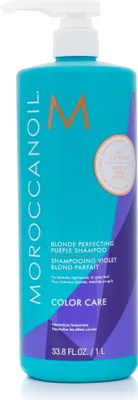 A bottle of Moroccanoil Blonde Perfecting Purple Shampoo.