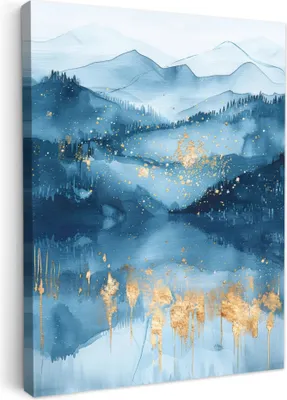 Produktbild von MuchoWow® - Leinwandbilder - Landschaft - Blau - Modern - Gold - Abstrakt, Wandbild, Wanddeko Bilder Wohnzimmer, 60x80 cm
