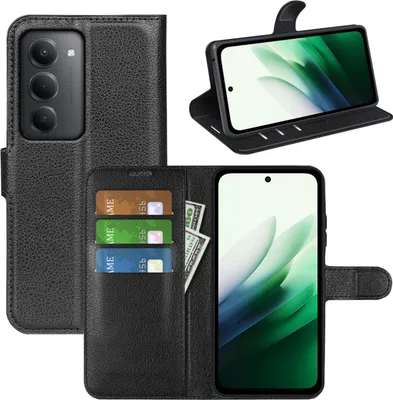 A collage of images showing a black flip case for a Xiaomi Redmi 15 phone, with the phone inserted and displayed in different orientations, and also showing the interior card slots.