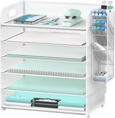 Image de Organiseur en papier blanc à 6 compartiments avec 4 porte-stylos et un classeur A4