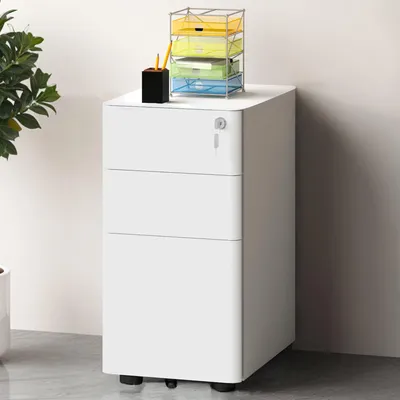 Produktbild von Rollcontainer mit 3 Schubladen, Metall Abschließbar Aktenschrank Büroschrank, 45 x 30 x 61cm, Weiß