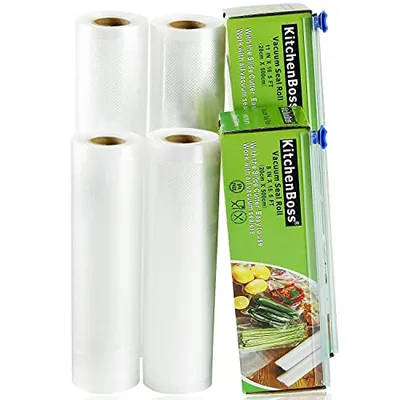 Produktbild von KitchenBoss Vakuumierbeutel Lebensmittel mit Cutter-Box: 4 Rolle 20/28x500cm Vakuumrollen BPA-Frei Vakuumierfolie fuer Folienschweißgerät Sous Vide Beutel