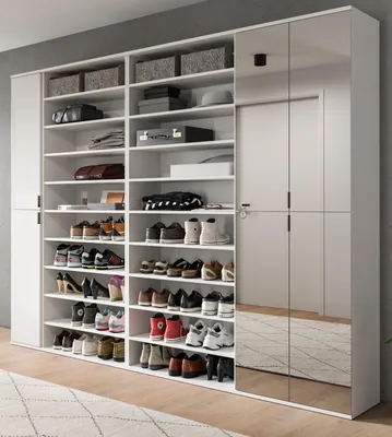 Produktbild von Garderobenschrank mit Spiegeltür "SystemX" in weiß Hochglanz Schuhschrank 251 x 193 cm