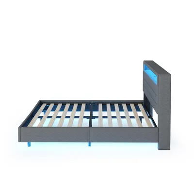 Image de Lit avec sommier tapissé, dimensions 160x200 cm, avec éclairage LED, port USB, espace de rangement, tête de lit rembourrée, couleur gris