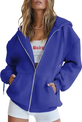 Produktbild von ASKSA Damen Kapuzenjacke Vintage Oversize Sweatjacke Reißverschluss Hoodie Sweatshirt, Blau, XXL
