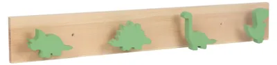 Immagine prodotto di Relaxdays, appendiabiti per bambini a forma di dinosauro, barra con 4 ganci, dimensioni: 7 x 50 x 4 cm, appendiabiti per bambini, legno e MDF, colore: naturale/verde
