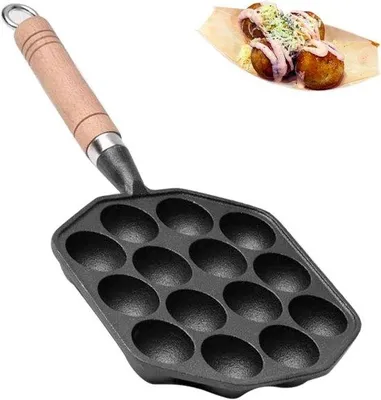 Zdjęcie produktu dla Patelnia do takoyaki z 14 wgłębieniami, powłoka nieprzywierająca, drewniany uchwyt, łatwa w użyciu