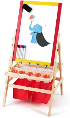 Produktbild von GOPLUS Staffelei Kinder, Spieltafel Zeichenbrett inkl. Whiteboard & Kreidetafel, mit Verstellbarem Ständer Malpapier Farbbecher Marker Kreide Radiergummi Magnetischem Aufkleber