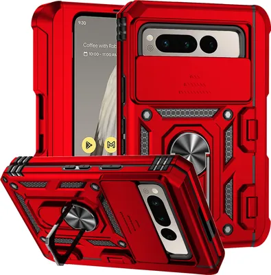 Produktbild von Google Pixel Fold Hülle mit Schiebe Kamera Schutz und Ringhalter Ständer Schutzhülle für Google Pixel Fold Rot