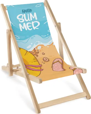 Obrázok produktu pre Detské skladacie drevené záhradné ležadlo s potlačou „Hello Summer“ – detské plážové ležadlo