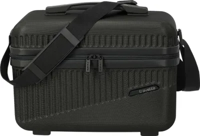 A black travelite beauty case is shown against a white background.