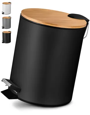 Image de Poubelle de salle de bain noire élégante | Poubelle à pédale avec mécanisme de fermeture en douceur | Poubelle de salle de bain élégante avec récipient intérieur et couvercle en bambou