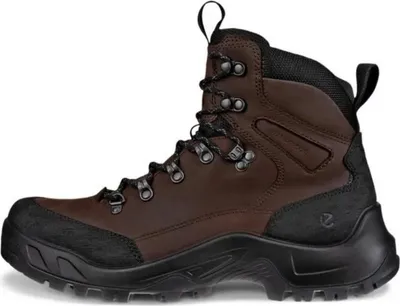 A single brown and black hiking boot is shown against a white background.