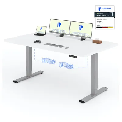 A white adjustable desk with dual monitors, a laptop, a keyboard, a mouse, and a controller, with diagrams of the desk's lifting mechanism.