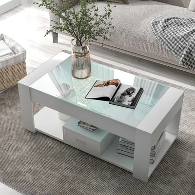 Obrázek produktu pro Konferenční stolek, rozměry 100 x 50 x 40 cm, s skleněnou deskou, 2 zásuvkami, otevřenou policí a úložným prostorem, vyrobený ze 100% dřevotřísky, barva bílá