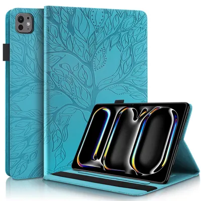 Image de Étui en similicuir à motif d'arbre, rabattable, pour Apple iPad Pro 13 pouces 2024, bleu