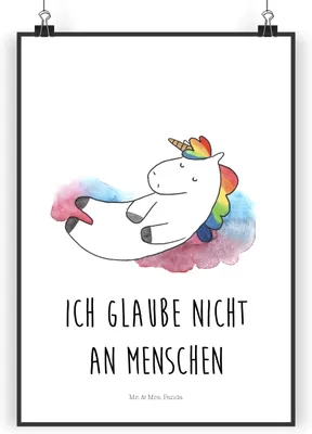 Produktbild von Mr. & Mrs. Panda Bild Einhorn Wolke 7 DIN A3 - Weiß - Geschenk, Glaube, Wandbild, wanddeko, Einhörner, drucke, Unicorn, Menschen, Lustig, Wanddekoration, Posterdruck