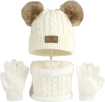 Produktbild von 3-teiliges Winterset für Kinder: Mütze, Schal, Handschuhe, zwei Mützen mit Plüschbommel-Dekor, gedrehte Textur, randlose Strickhandschuhe, Fleece-gefütterter Halswärmer