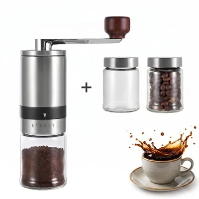 Produktbild von KANDONEX Manuelle Kaffeemühle Edelstahl – Profi Handkaffeemühle mit Keramikmahlwerk, inklusive 2 Zusatzbehälter, Einstellbarer Mahlgrad